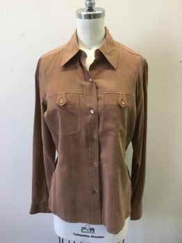 NEXX, Brown, Silk, Solid, Button Front, Collar Attached, Long Sleeves, 2 Patch Pockets with Button Tabs, Side Seam Slits at Side Hem