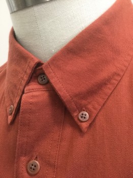 ROUNDTREE & YORKE, Burnt Orange, Cotton, Tencel, Solid, Twill Weave, Long Sleeve Button Front, Collar Attached, Button Down Collar, 1 Patch Pocket