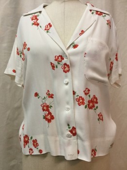 REFORMATION, Ivory White, Coral Pink, Red, Green, Beige, Viscose, Rayon, Floral, Ivory, Coral Pink/ Red/ Green/ Beige Floral Print, Button Front, Notched Lapel, Collar Attached, Short Sleeves, 1 Pocket, Cropped