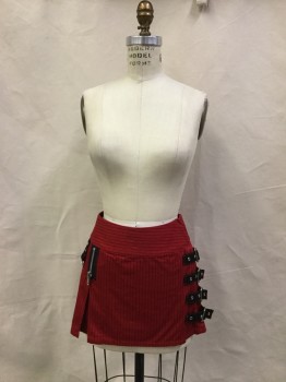 Womens, Skirt, Mini, TRIPP, Red, Black, Cotton, Stripes, W27, S, Punk Rock. Red Pin Stripe Skirt with 4 Buckle Straps with Silver Buckles on Left Side. Black Zipper & D.ring Strap on  Right Side. Zipper at Center Back,