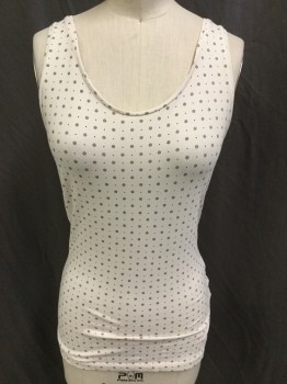 Womens, Top, H & M, Beige, Gray, Black, Cotton, Elastane, Floral, Dots, S, Beige with Gray Flower Circle & Tiny Black Dots, Scoop Neck, Tank