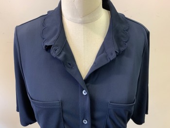 Womens, Dress, Short Sleeve, BANANA REPUBLIC, Navy Blue, Polyester, Solid, M, Scalloped Short Sleeves, Scalloped Collar, Button Front Placket, 2 Patch Pockets, 2 Welt Pockets, Self Tie Belt