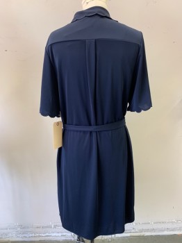 Womens, Dress, Short Sleeve, BANANA REPUBLIC, Navy Blue, Polyester, Solid, M, Scalloped Short Sleeves, Scalloped Collar, Button Front Placket, 2 Patch Pockets, 2 Welt Pockets, Self Tie Belt
