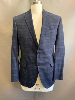 TED BAKER, Navy Blue, Dk Gray, Gray, Wool, Plaid, Notched Lapel, Single Breasted, Button Front, 2 Buttons, 3 Pockets, Double Back Vent