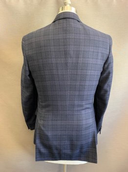 TED BAKER, Navy Blue, Dk Gray, Gray, Wool, Plaid, Notched Lapel, Single Breasted, Button Front, 2 Buttons, 3 Pockets, Double Back Vent
