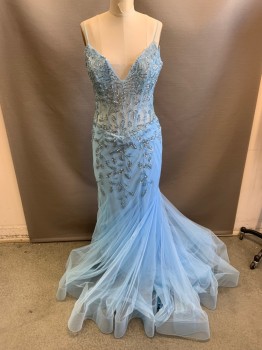 Womens, Evening Gown, JOVANI, Lt Blue, Polyester, Solid, Floral, 8, Silver Seed Beads & Sequins in Floral Pattern, Multi Gore Skirt with Horsehair Hem, Center Back Zipper, Spaghetti Straps, Some Beading Missing