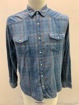 LUCKY BRAND, Slate Blue, Brick Red, Dusty Blue, Cotton, Plaid, Brushed Cotton, Long Sleeves, Snap Front, Collar Attached, Western Style Yoke, 2 Pockets with Flaps, Snaps are Off White