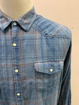 LUCKY BRAND, Slate Blue, Brick Red, Dusty Blue, Cotton, Plaid, Brushed Cotton, Long Sleeves, Snap Front, Collar Attached, Western Style Yoke, 2 Pockets with Flaps, Snaps are Off White