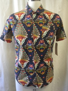 OBEY PROPAGANDA, Charcoal Gray, Orange, Green, Cream, Yellow, Cotton, Medallion Pattern, Faded, Short Sleeves, Button Front, Collar Attached, 1 Pocket,