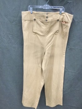 Mens, Historical Fiction Pants, M.B.A. LTD., Camel Brown, Cotton, Solid, 40/31, Historical Military, Brushed Twill, 2 1/2" Waistband, 3 Brass Buttons at Waistband, Fall Front with 2 Brass Buttons, 1 Watch Pocket, Suspender Buttons, Gathered at Back Waistband, Center Back Lace Up, Late 1700's/Early 1800's Reproduction