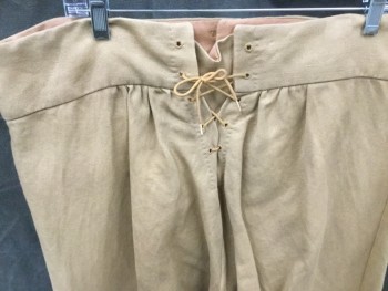 M.B.A. LTD., Camel Brown, Cotton, Solid, Historical Military, Brushed Twill, 2 1/2" Waistband, 3 Brass Buttons at Waistband, Fall Front with 2 Brass Buttons, 1 Watch Pocket, Suspender Buttons, Gathered at Back Waistband, Center Back Lace Up, Late 1700's/Early 1800's Reproduction
