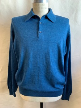 JOHN W. NORDSTROM, Blue, Black, Wool, Heathered, Polo Style Collar, Long Sleeves, Ribbed Knit Cuff/Collar/Waistband