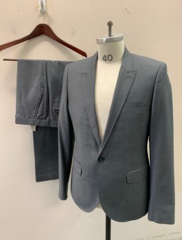 TOPMAN, Gray, Polyester, Viscose, Self Tiny Diamond/Honeycomb Pattern, Single Breasted, 1 Button, Peaked Lapel, Top Stitching at Lapel, Slim Fit, 3 Pockets