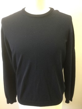 Mens, Pullover Sweater, BROOKS BROTHERS, Navy Blue, Wool, Nylon, Solid, L, Dark Navy, Knit, Long Sleeves, Crew Neck