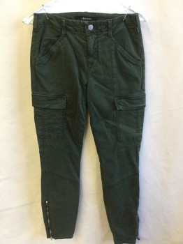 Womens, Pants, J. BRAND, Olive Green, Cotton, Elastane, Solid, 25, Fitted Cargo, 1.5" Waistband with Belt Hoops & 1 Large Silver Button, Zip Front,  6 Pockets, Side Zip Hem