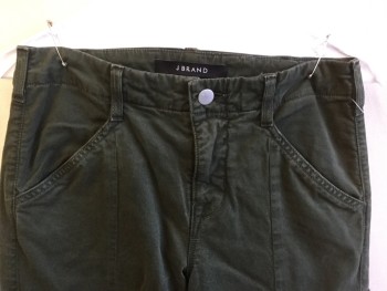 J. BRAND, Olive Green, Cotton, Elastane, Solid, Fitted Cargo, 1.5" Waistband with Belt Hoops & 1 Large Silver Button, Zip Front,  6 Pockets, Side Zip Hem