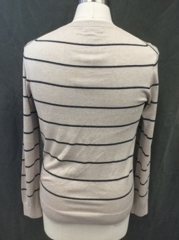 Mens, Pullover Sweater, BANANA REPUBLIC, Oatmeal Brown, Black, Gray, Silk, Cotton, Stripes, M, Oatmeal with Black/Gray Stripes, Long Sleeves, Crew Neck, Ribbed Knit Neck/Waistband/Cuff
