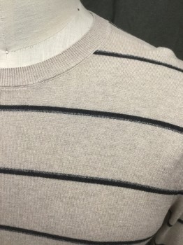 Mens, Pullover Sweater, BANANA REPUBLIC, Oatmeal Brown, Black, Gray, Silk, Cotton, Stripes, M, Oatmeal with Black/Gray Stripes, Long Sleeves, Crew Neck, Ribbed Knit Neck/Waistband/Cuff