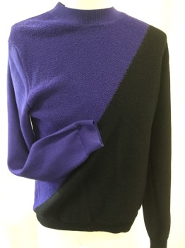PAUL SMITH, Purple, Black, Color Blocking, Long Sleeves, Mock Neck Diagonal Color Block in Front and Back