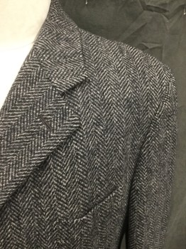 Mens, Coat, Overcoat, POLO UNIVERSITY, Black, Cream, Charcoal Gray, Wool, Herringbone, Tweed, 44, Hidden Placket Button Front, Collar Attached, Notched Lapel, Long Sleeves, 3 Pockets