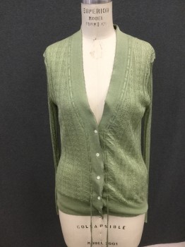 ELIE TAHARI, Mint Green, Linen, Silk, Solid, Thin, Lace Knit, V-neck, Button Front, Ribbed Knit Placket/Cuff/Waistband, Lace Trim Placket, Drawstring Placket Detail