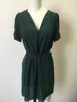 AQUA, Forest Green, Polyester, Solid, Chiffon, Short Sleeves, Tunic Length, V Notched Neckline, Puffy Sleeves with Small Gathers Near Arm Opening, Gathered at Shoulder Seams, **With Matching Fabric Belt
