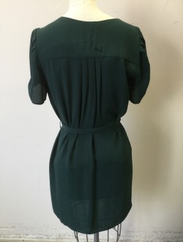 AQUA, Forest Green, Polyester, Solid, Chiffon, Short Sleeves, Tunic Length, V Notched Neckline, Puffy Sleeves with Small Gathers Near Arm Opening, Gathered at Shoulder Seams, **With Matching Fabric Belt