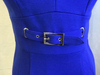 TRINA TURK, Royal Blue, Rayon, Nylon, Solid, Royal Blue Lining, High V-neck with Seams Design, Cap Sleeves, 3" High Waistband with Silver Metal Rectangle Buckle Front Center, Zip Back,