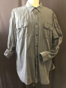 Mens, Casual Shirt, OUTDOOR LIFE, Gray, Cotton, Solid, XXL, Button Front, Collar Attached, 2 Flap Pleated Pockets, Long Sleeves with Button Tab Cuffs, Faded Look