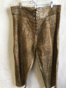 Mens, Historical Fiction Pants, FOX 1548, Brown, Lt Brown, Leather, Solid, 34/21, Aged/distressed, Brown/light Brown, Chevron 3" - 4" Waistband, Dark Brown Lacing Front and Back, Leather Wang Top Stitches All Over,