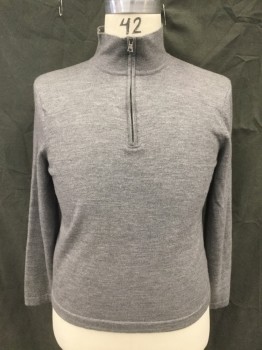 Mens, Pullover Sweater, BANANA REPUBLIC, Heather Gray, Wool, L, 1/2 Zip Front, Stand Collar, Long Sleeves, Ribbed Knit Collar