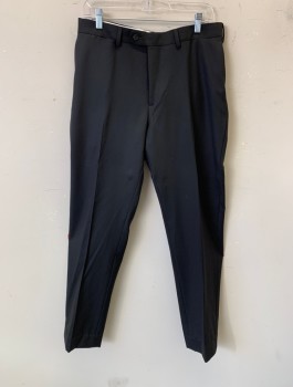 SUIT SUPPLY, Black, Wool, Solid, Flat Front, Button Tab, Zip Fly, Straight Leg, 5 Pockets (Including Watch Pocket), Belt Loops