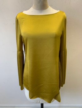 Womens, Blouse, BANANA REPUBLIC, Ochre Brown-Yellow, Polyester, Solid, XS, Satin, 3/4 Sleeves with Voluminous Pleated Flare, Bateau/Boat Neck, Pullover, Pleated Panels at Sides