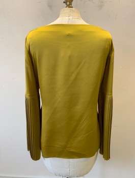 Womens, Blouse, BANANA REPUBLIC, Ochre Brown-Yellow, Polyester, Solid, XS, Satin, 3/4 Sleeves with Voluminous Pleated Flare, Bateau/Boat Neck, Pullover, Pleated Panels at Sides
