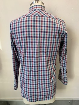 Mens, Casual Shirt, Billy Reid, Red, Blue, Mint Green, Lt Gray, Cotton, Gingham, 35, 16, L/S, Button Front, Collar Attached, Chest Pocket