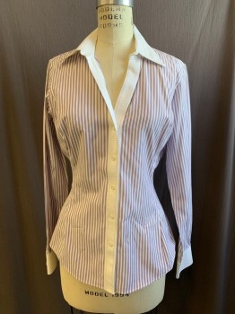 Womens, Blouse, BROOKS BROTHERS, White, Purple, Cotton, Polyester, Stripes - Vertical , 6, Solid White Placket/Collar/Cuff with Purple Stitching, Fitted, Long Sleeves, Button Cuff