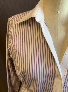 BROOKS BROTHERS, White, Purple, Cotton, Polyester, Stripes - Vertical , Solid White Placket/Collar/Cuff with Purple Stitching, Fitted, Long Sleeves, Button Cuff