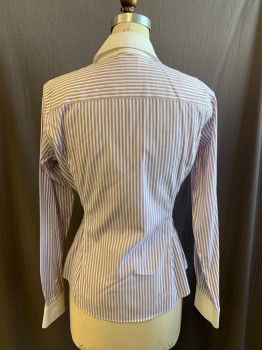 Womens, Blouse, BROOKS BROTHERS, White, Purple, Cotton, Polyester, Stripes - Vertical , 6, Solid White Placket/Collar/Cuff with Purple Stitching, Fitted, Long Sleeves, Button Cuff