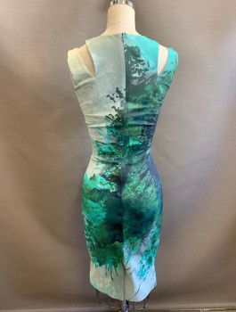 Womens, Dress, Sleeveless, KAREN MILLEN, Mint Green, Ice Blue, Dk Green, Acetate, Polyamide, Abstract , Sz.2, Satin, Double Straps at Shoulders with V Shaped Cutout, Round Neck, Fitted Sheath Dress, Knee Length, Invisible Zipper in Back
