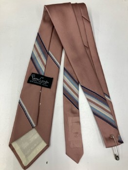 Mens, Tie, PIERRE CARDIN, Dusty Pink with Beige/Tan/Navy/Rose Diagonal Ribbon Stripe