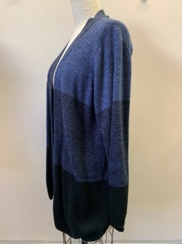 KAREN SCOTT, Blue, Black, Acrylic, 2 Color Weave, Color Blocking, L/S, Open Front,