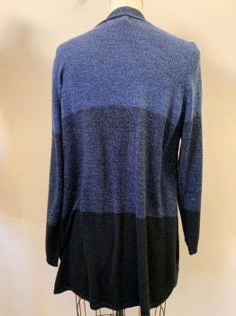 KAREN SCOTT, Blue, Black, Acrylic, 2 Color Weave, Color Blocking, L/S, Open Front,
