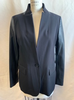 Womens, Blazer, DKNY, Black, Polyester, Rayon, Solid, S, Stand Collar, Single Breasted, Button Front, 1 Button, 2 Flap Pockets, Pleather Trim on Neck, Pleather Sleeves
