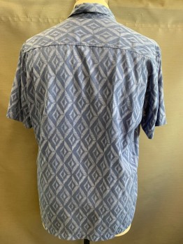 Mens, Casual Shirt, TOMMY BAHAMA, Lt Blue, Periwinkle Blue, Silk, Polyester, Geometric, Diamonds, XL, Short Sleeves, Collar Attached, 1 Pocket,