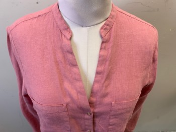 ZARA, Pink, Linen, Solid, Long Sleeves, Button Front, V-neck, 2 Pockets, Mandarin/Nehru Collar,