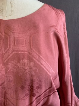 N/L, Mauve Pink, Multi-color, Polyester, Floral, Geometric, Round Neck, 3/4 Sleeves, Cutout at Sleeves, Elastic Waistband, Self Geo Pattern, Orange, Green, Red, Purple, Cream, Light Pink Floral Pattern *Small Tears on Front Seam*