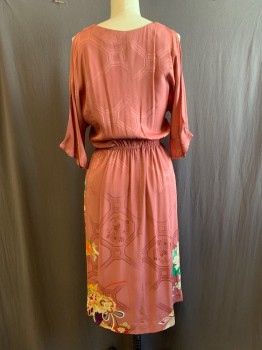 N/L, Mauve Pink, Multi-color, Polyester, Floral, Geometric, Round Neck, 3/4 Sleeves, Cutout at Sleeves, Elastic Waistband, Self Geo Pattern, Orange, Green, Red, Purple, Cream, Light Pink Floral Pattern *Small Tears on Front Seam*