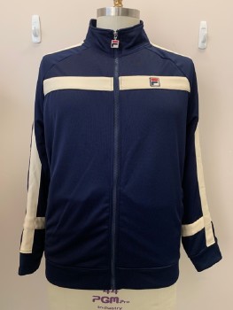 Mens, Sweatsuit Jacket, FILA, Navy Blue, Cream, Red, Polyester, Color Blocking, 2XL, L/S, High Neck, Zip Front, Side Pockets, Logo Patch On Chest