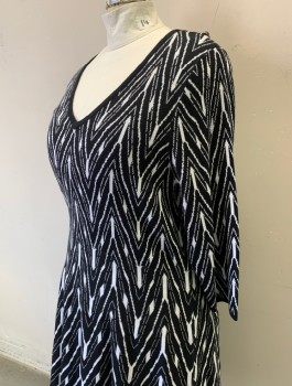 Womens, Dress, Long & 3/4 Sleeve, LANE BRYANT, Black, White, Cotton, Rayon, Abstract , 26/28, Knit, Deep V-neck, 3/4 Sleeves, A-Line, Knee Length