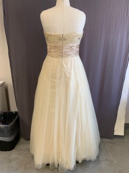 Womens, Evening Gown, DAVID'S BRIDAL, Lt Beige, Polyester, Solid, B42, 16, W34, Strapless, Netting Over Satin Lining, Beaded Bodice, Pleated Waist